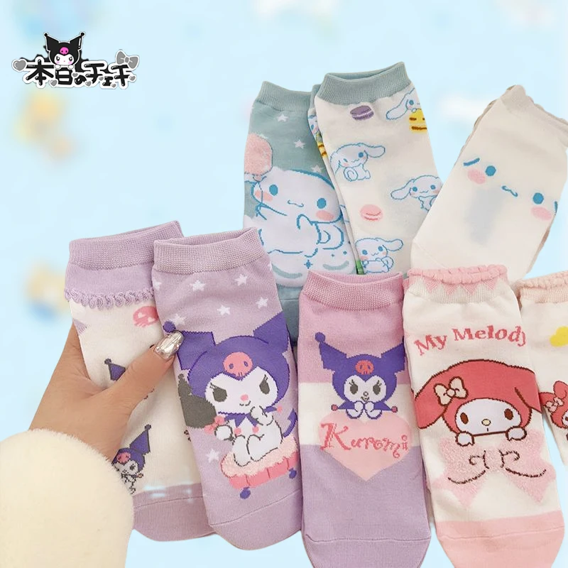 3Pcs Kawaii Sanrio Socks Kuromi Cinnamoroll Anime Cute Student Autumn Thin Comfortable Breathable Cartoon Socks Toys for Girls