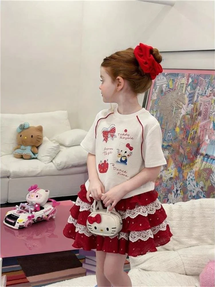 girls-summer-outfit-2026-new-cartoon-short-sleeve-lace-trim-cake-skirt-two-piece-set-children's-fashionable-clothing-set