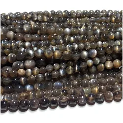Veemake Natural Gray Black Gold Sunstone Flash Light Round Loose Gemstone Ball Small Beads 15