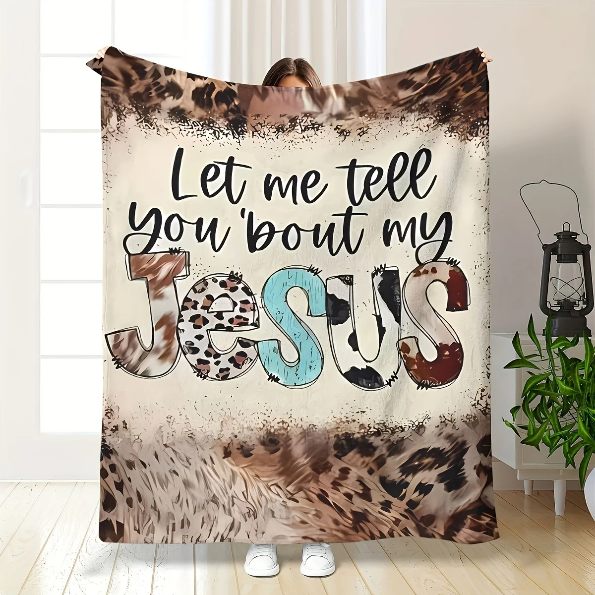 

1pc "Let Me Tell You 'Bout My Jesus" Text & Animal Print Pattern, Soft Flannel Quilted Throw Blanket – Perfect for All Seasons