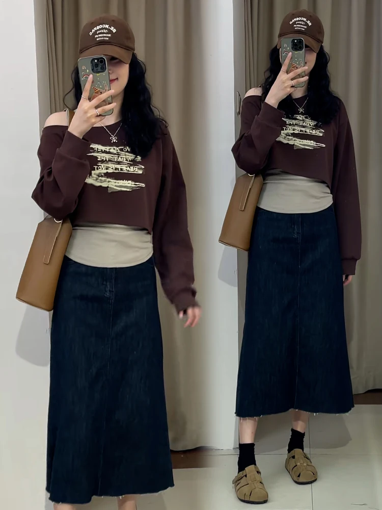 Conjunto de Faion único para mujer, sudadera ter Ne, falda larga, Sve, cintura alta, mezcla de algodón y poliéster, principios de otoño