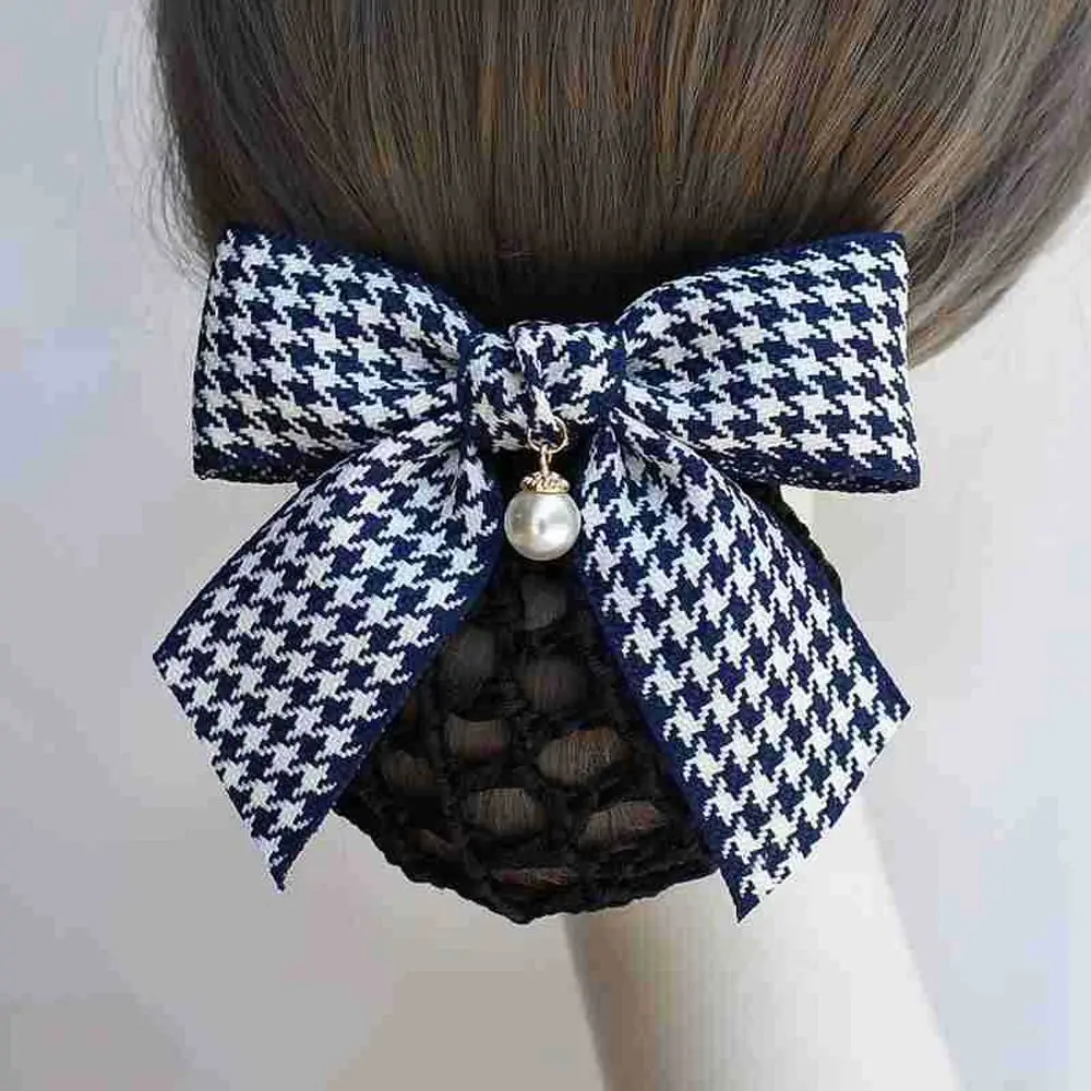 Gift Flight Attendant Crochet Bun Net Bank Staff Korean Style Headdress Bow Spring Clip Houndstooth Bun Net Snood Women Hairpin