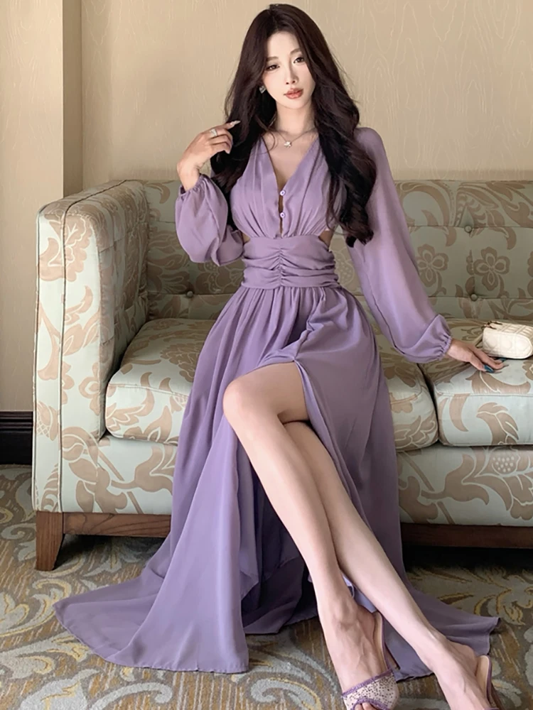 秋の紫シフォンホローアウトVネックセクシーバックレスドレス女性エレガントラグジュアリーダンスパーティードレス2025韓国ボディコンベスティドス