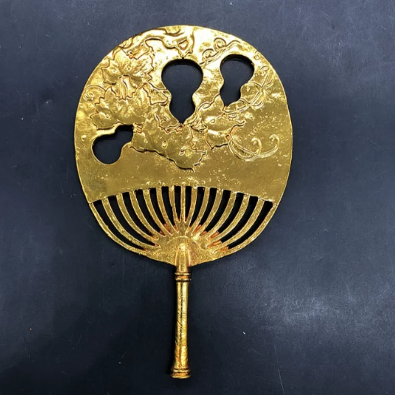 Antique Copper Collection Qing Qianlong Gilded Decorative Fan Ornaments Folk Art Classical handicraft