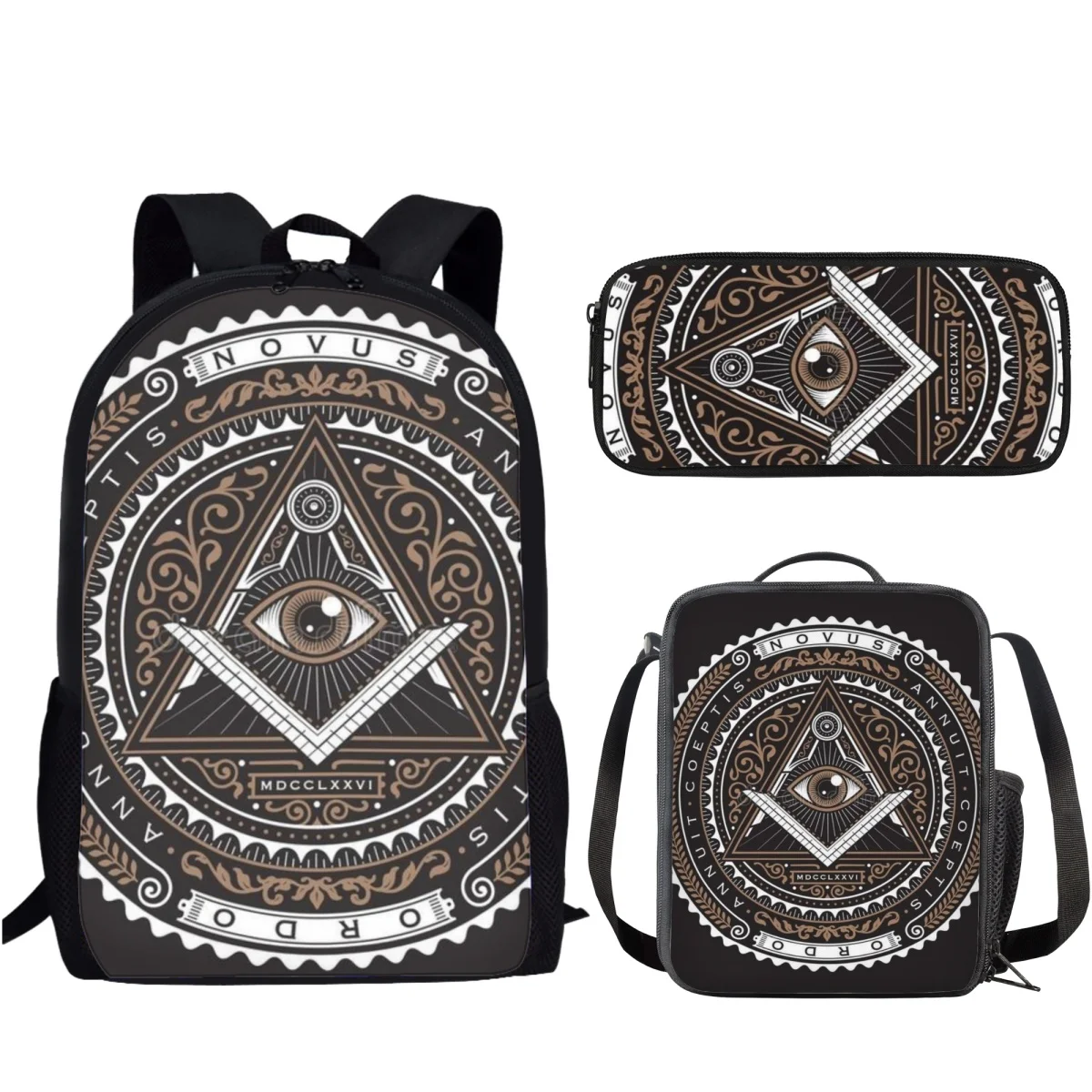 Mochilas escolares de grande capacidade para crianças, mochilas com lancheira, Illuminati, olho que tudo vê, símbolo maçom padrão, adolescente Bookbag, 3 pcs