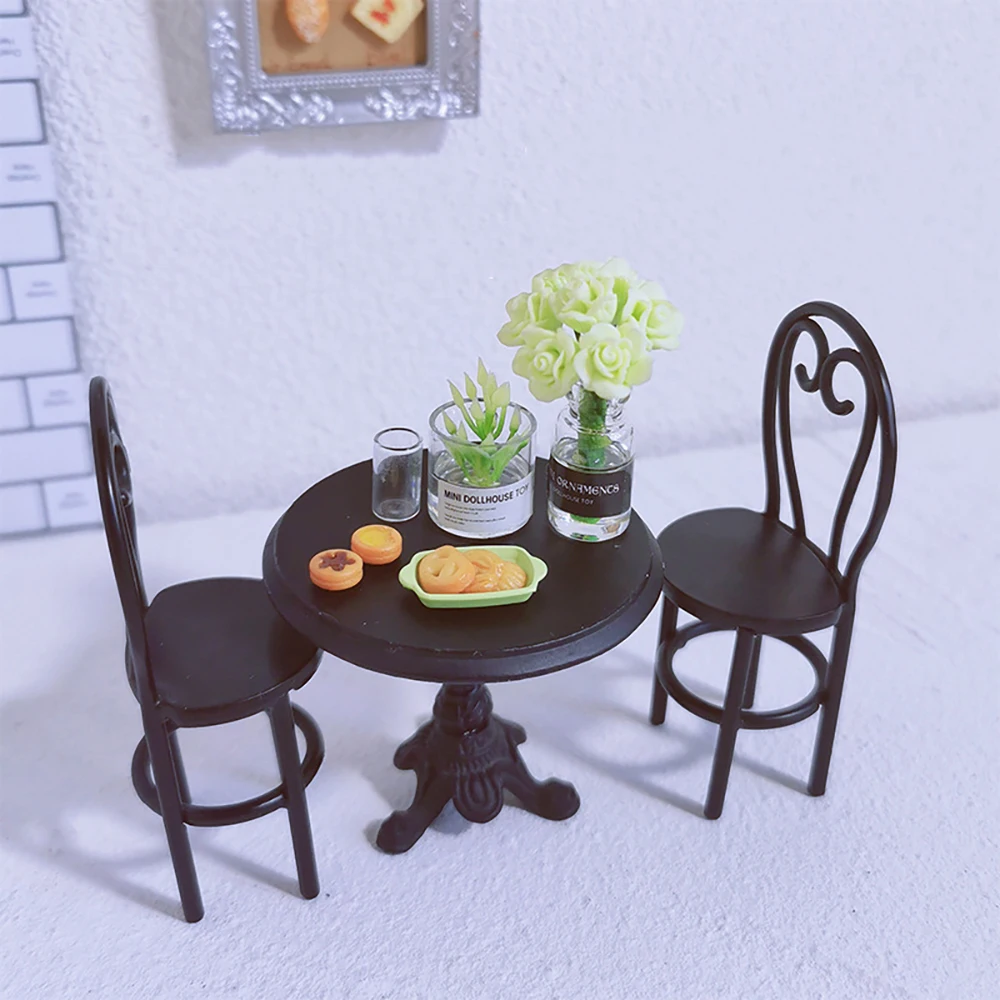 

1set 1/12 Dollhouse Miniature Accessories Mini Metal Dining Table Chair Set Furniture Model for Doll House Decoration ob11