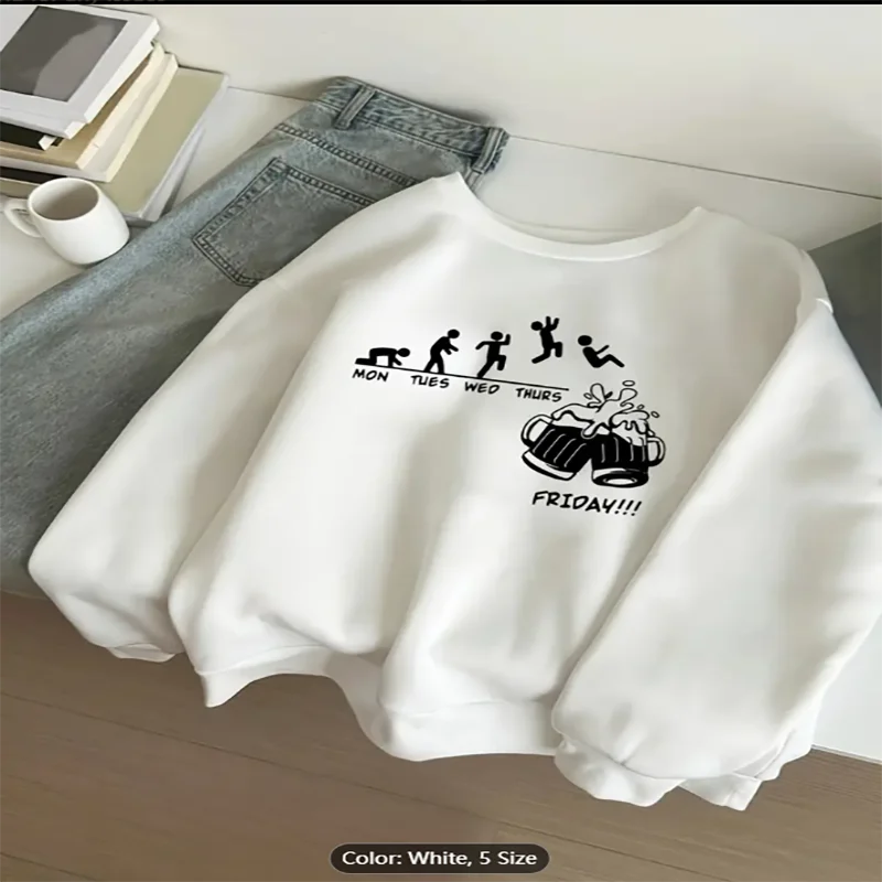Womens White Sweatshirt Week Beer Graphic Print Casual Oversized Pullover Top for Humorous Style Lovers Comfortable Pure Cotton