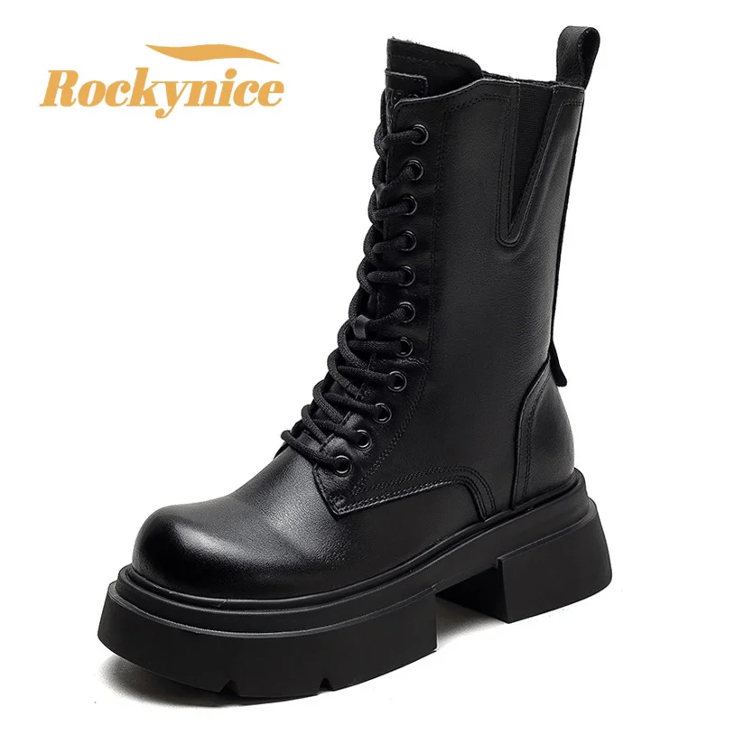 New Winter Plush Women Motorcycle Boots Chunky Platform Genuine Leather Booties Soft Cowhide Shoes Zip Ankle Boots Zapatos Mujer