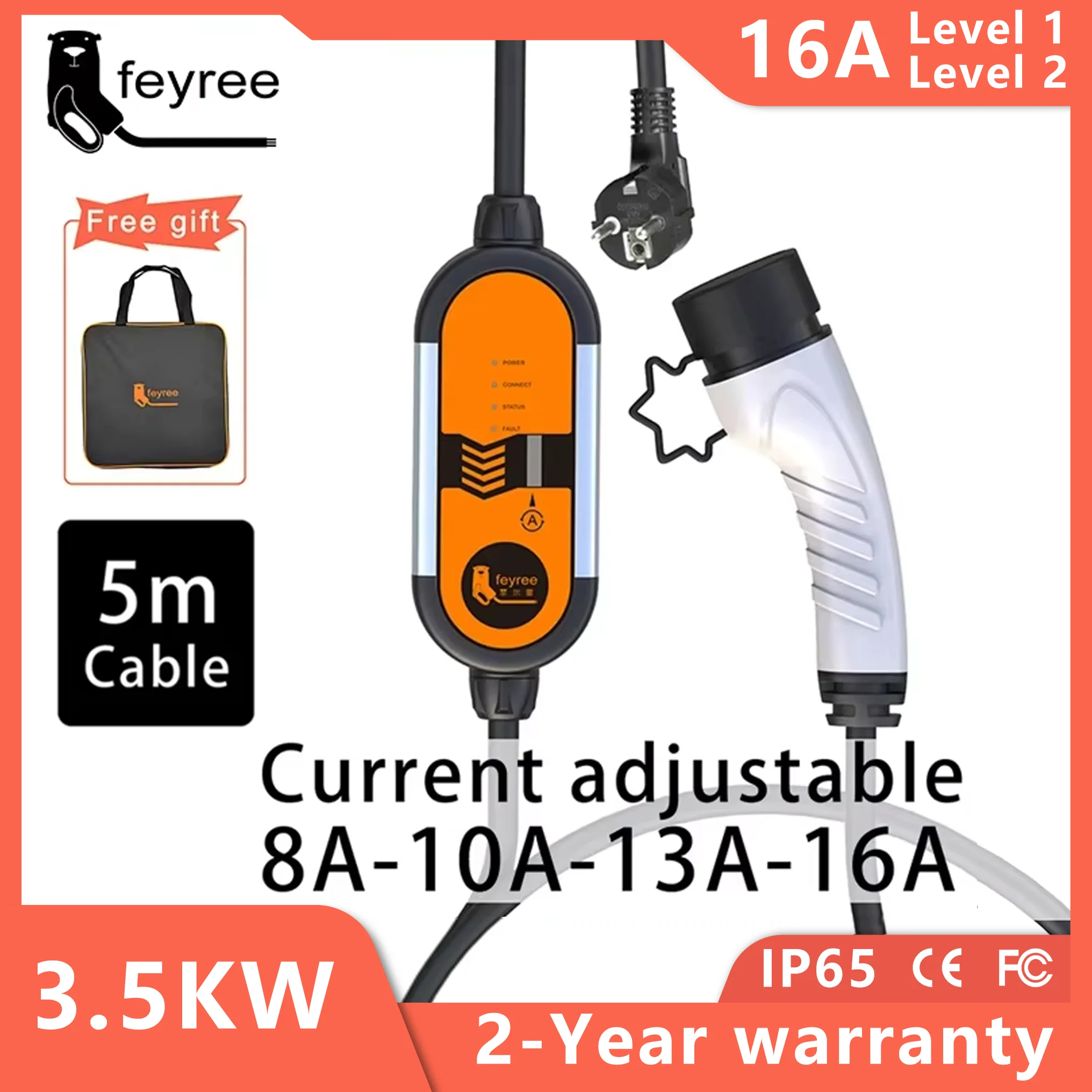 EV Portable Charger Type2 Plug/GB/T Plug Connector 16A Single Phase 3.5KW Type 1 Wallbox Charging Station for Electric Vehicle