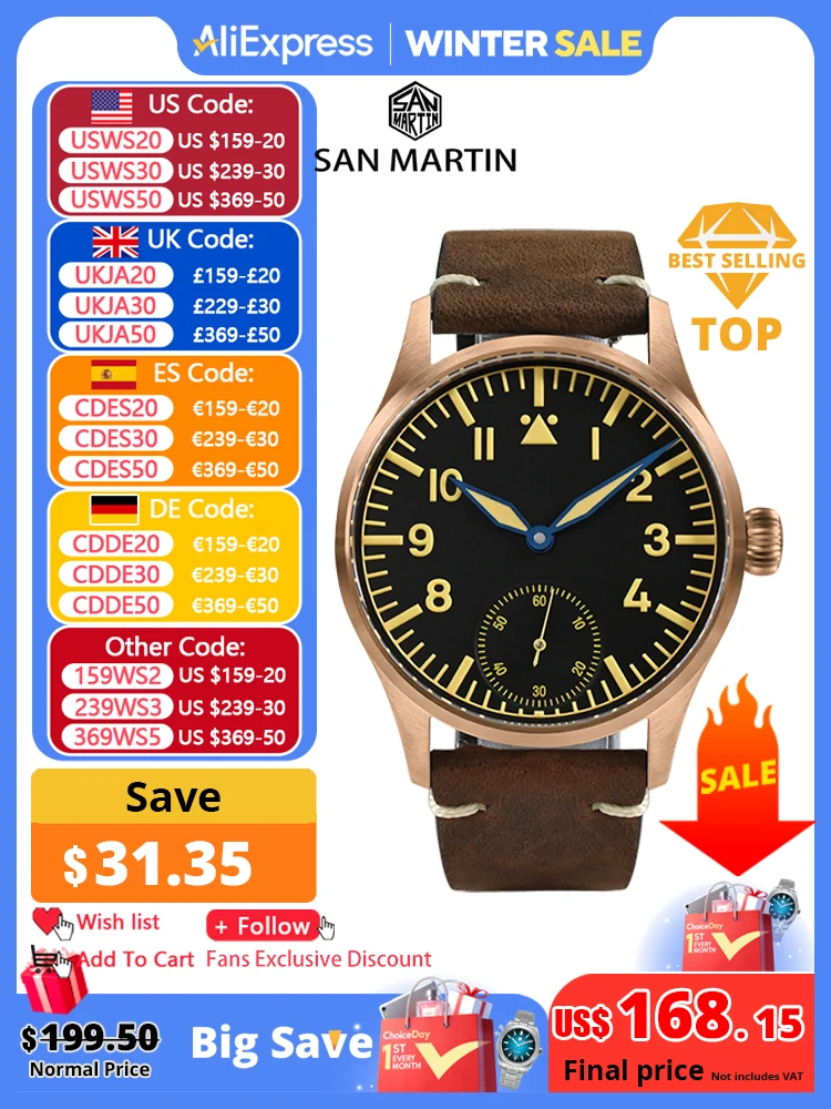 San Martin-Montre Pilote existent et Mécanique pour Homme, 41mm, Baume N8, Bronze NH35, Style Militaire, Saphir Simple, 10 Bars, en Cuir