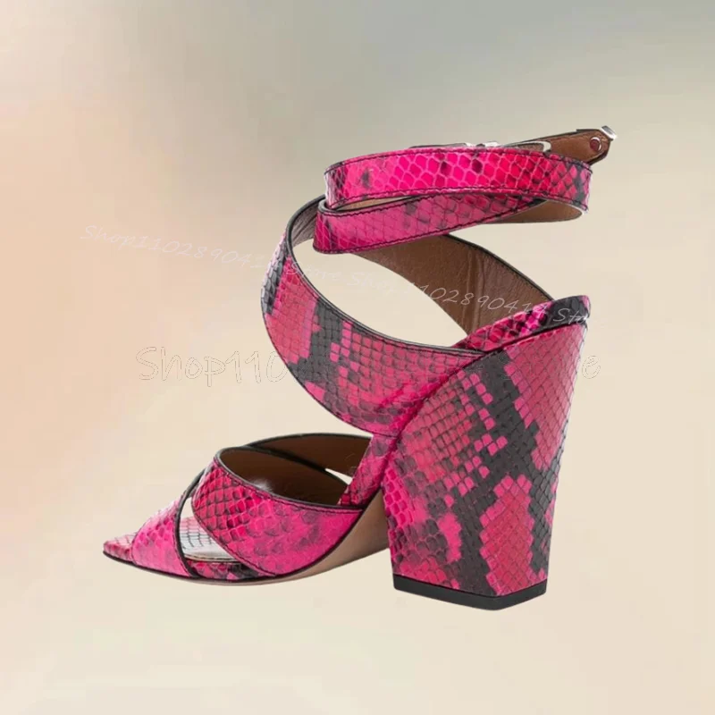 Rose Red Snakeskin Print Open Toe Sandals Ankle Buckle Strap Women Shoes Chunky High Heels Novel Party 2024 Zapatos Para Mujere