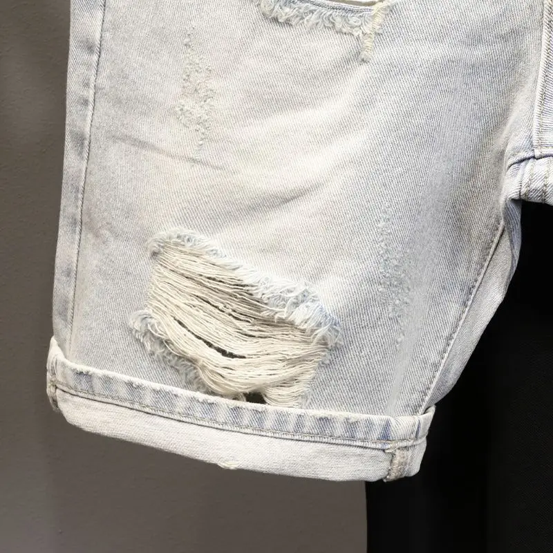 High Quality New Summer Korean Luxury Clothing Design Men\'s Casual Denim Shorts Distressed Cat Whisker Streetwear Short Pants