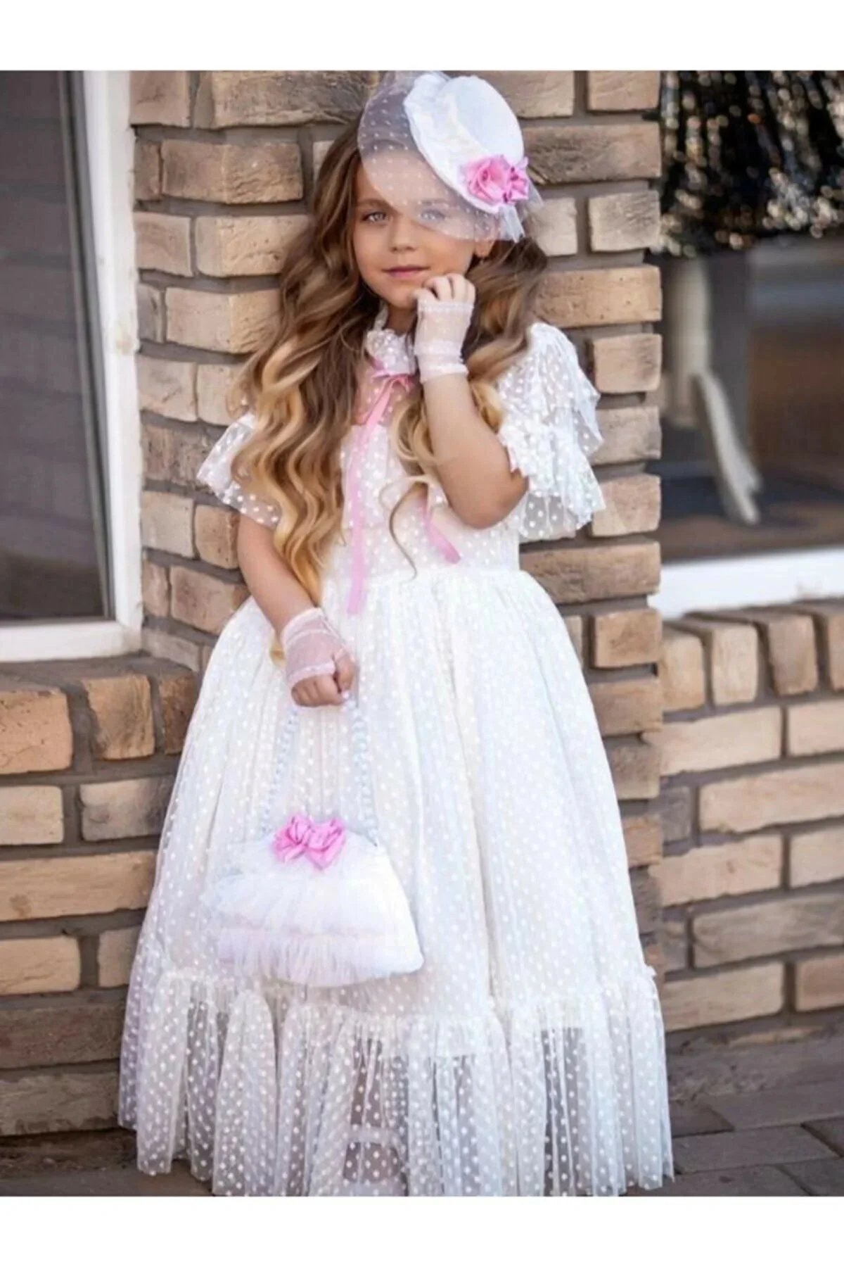 Girls' White Noble Beaute Hat Dress 2024 summer dresses for young girls white lace dress wrap children's birthday party