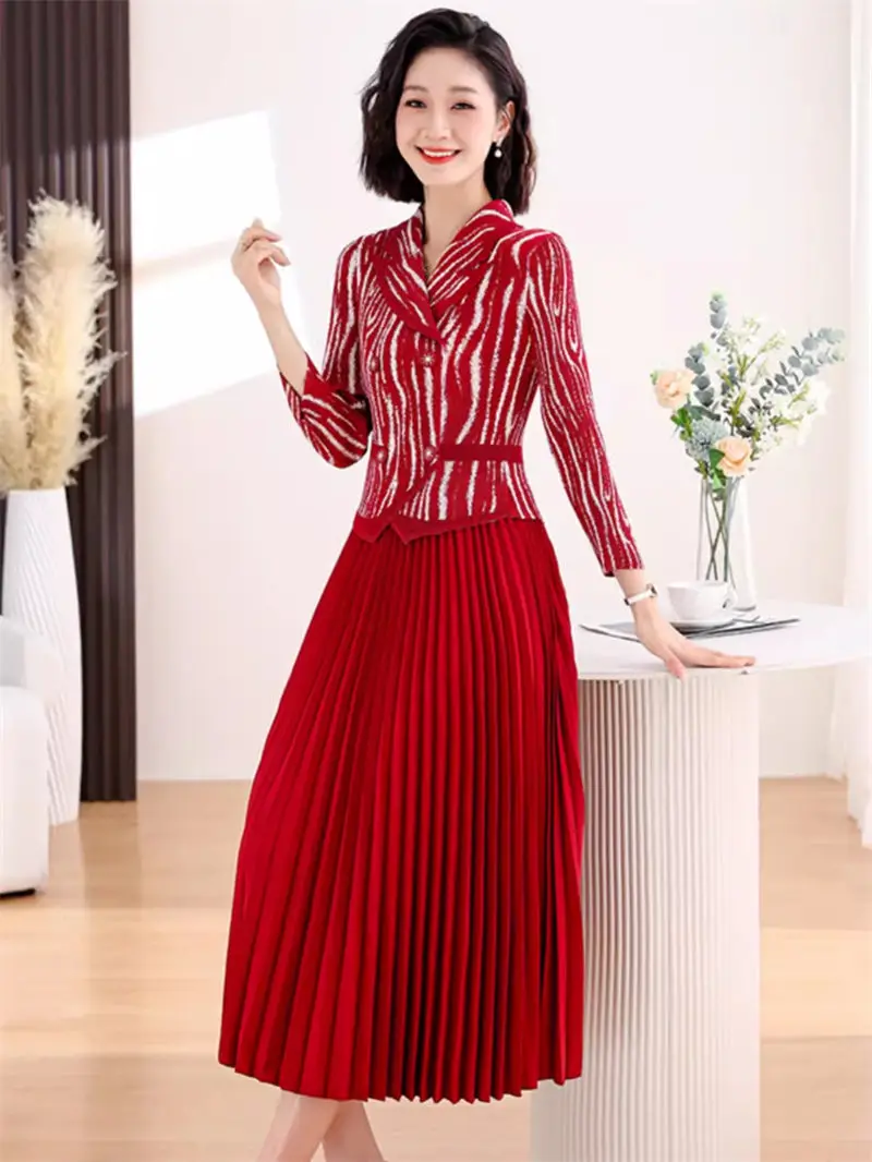 

Printed Pleated Dres 2024 Spring And Autumn Striped Fashion Fake Two Elegant Temperament High-End Office Dress For Women K2301