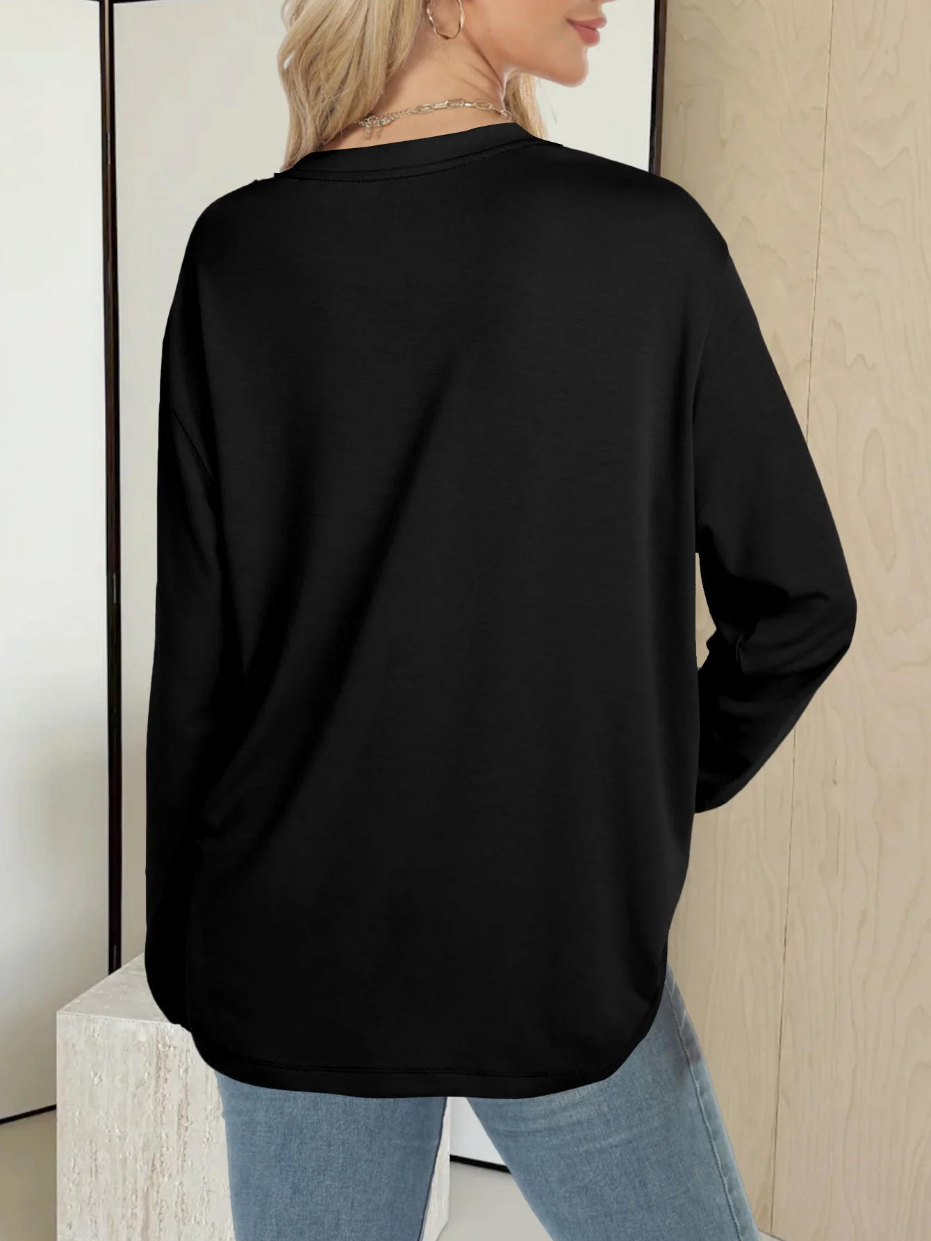 여성용 루즈핏 단색 다기능 봄가을용 긴팔 라운드넥 티셔츠 긴팔