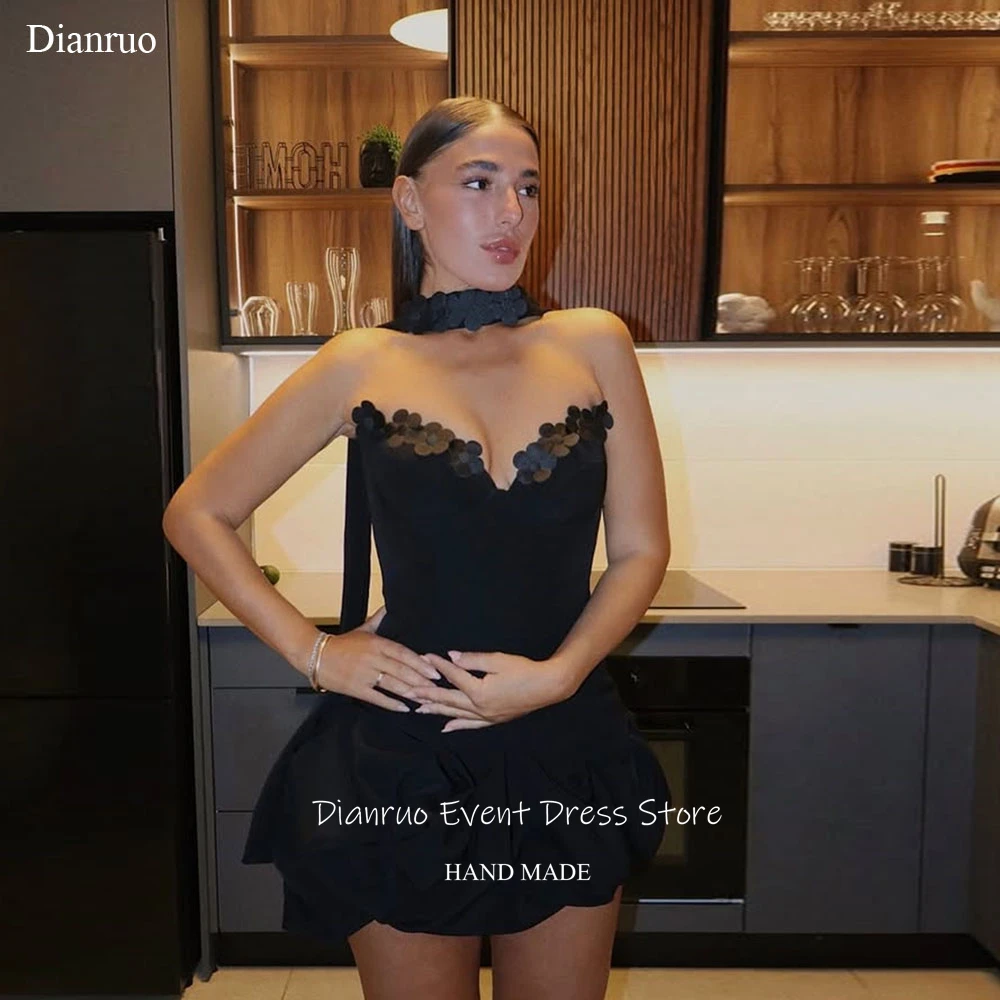 

Dianruo Black A Line Prom Dresses Ribbons Mini Vestidos De 15 Quinceañera Sweetheart 3D Florals Homecoming Dresses Customized