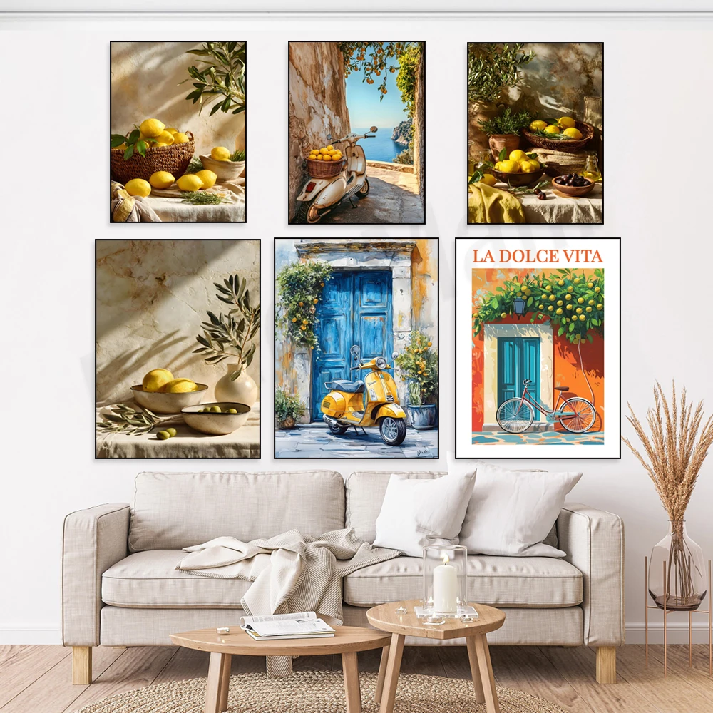 Mediterranean lemon tree art, Tuscan lemon theme, Italian travel theme, rustic art, lemon kitchen home decor posters