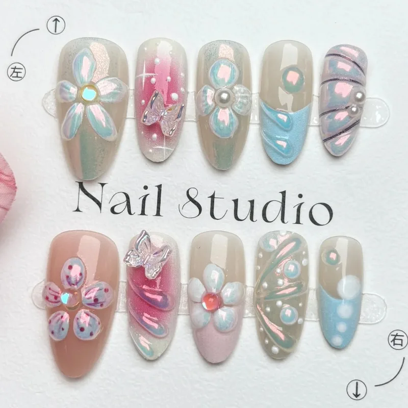 

24 шт. накладных ногтей Sweet Pink Blush French Almond с 3D цветами и волнистым узором, для женщин и девушек, простые съемные типсы в стиле Ins