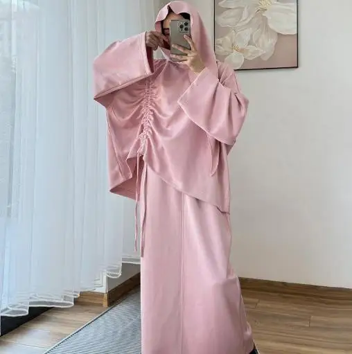 

2025 Solid Color Pleated Long Sleeved Loose Top and High Waisted Straight Tube Skirt Set for Autumn Women's Casual 2-Piece Set