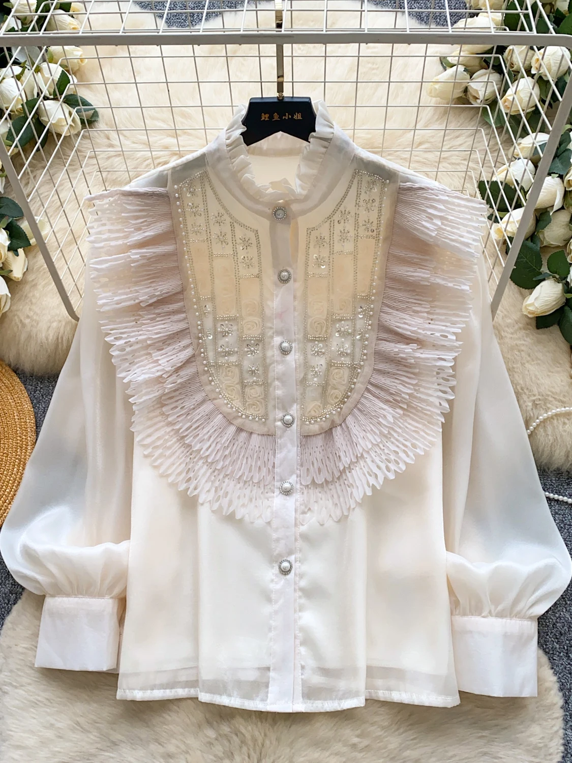 

Retro Court Sle Embroidered Bead Long Sve Women's irt Loose Fit Faionable Open Cardigan Polyester Fiber Breathable