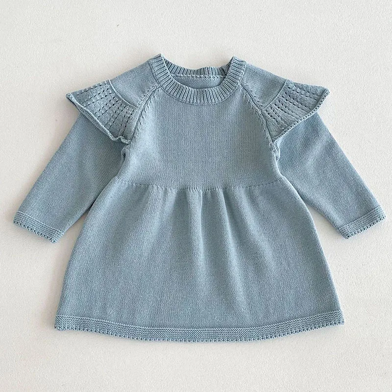 2024 New Autumn Children Knitted Clothes 1-6Yrs Girl Long Sleeved Solid Color Knitting Party Dress Kids Princess Dresses