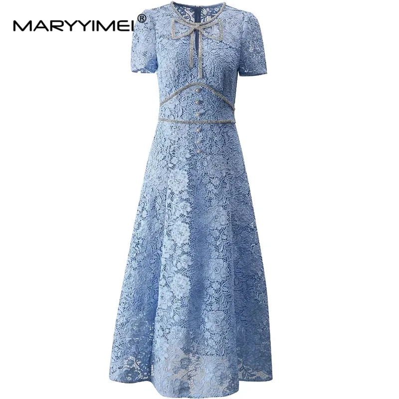 

MARYYIMEI Summer Women's Dress Chic Lace Hollow Out Short-Sleeved Beading High Waiste Vintage Solid Color Evening Dresses