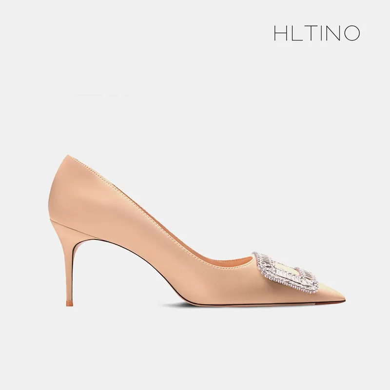 Décolleté Sexy in seta di qualità HLTINO con fibbia in strass moda tacchi alti Champagne per scarpe singole autunnali da donna eleganti