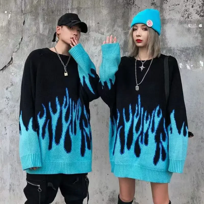 

2024 Autumn New Sweater Fashion Hip Hop Large Loose Couple Clothing Flame Pattern Sweater men's Long Sleeve Round Neck Pullovers