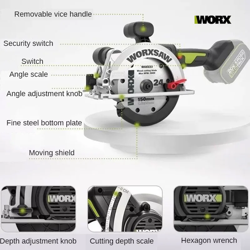 WORX WU535X WU535 Cordless Circular Saw Brushless Motor 140mm/150mm 45 /90 Degree Wood Cutting Powershare Green Battery