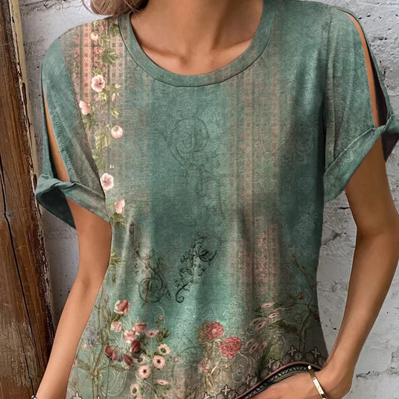 

2024 Summer New Women's Casual Comfort Ethnic Style Short-sleeve Printed T-shirt Women's Cheap Clothing and Free Shipping Sales