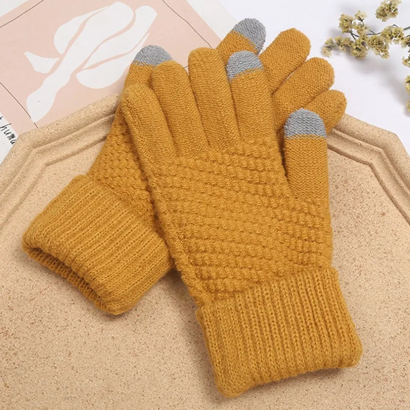 Gants chauds à écran tactile pour femmes et hommes, mitaines en tricot commandées, crochet épais, laine, doigt complet, hiver