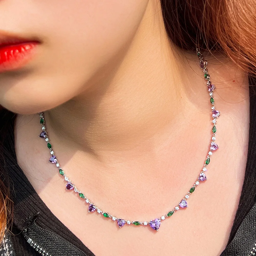 CWWZircons Heart Shape Purple Green Cubic Zirconia Choker Chain Link Tennis Necklace for Women Summer Party Jewelry Gift CP111