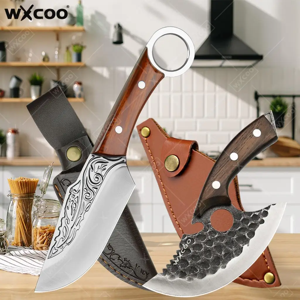 WXCOO Stainless Steel Kitchen Knife Hand Forged Knife Butcher Knife with Wooden Handle for Home Kitchen Barbecue Meat Cutting