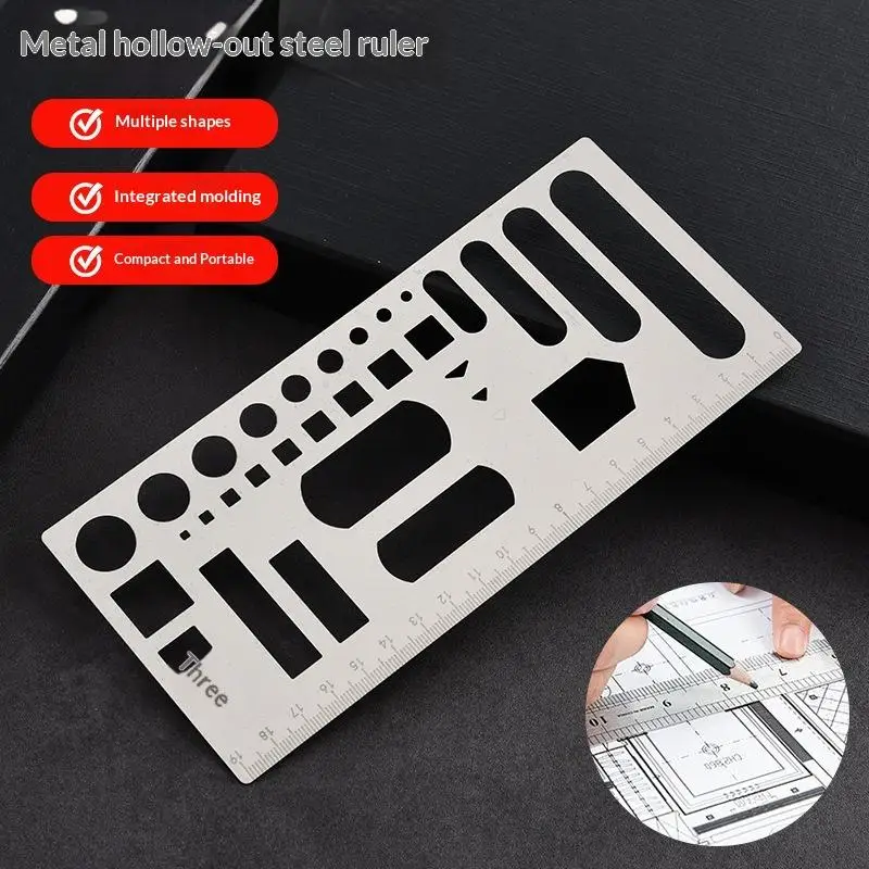 Stainless Steel Metal Drawing & Doodling Ruler For Daily Geometric Ruler Pattern Planner Steel Ruler Multifunctional Hollow-Out