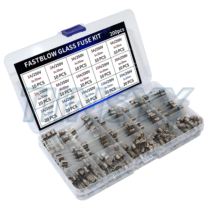 200Pcs Fast Blow Glass Fuses Assortment Kit 15 Values Auto Fuses Assortment Kit 250V 5x20mm & 6x30mm Glass Tube Fuses