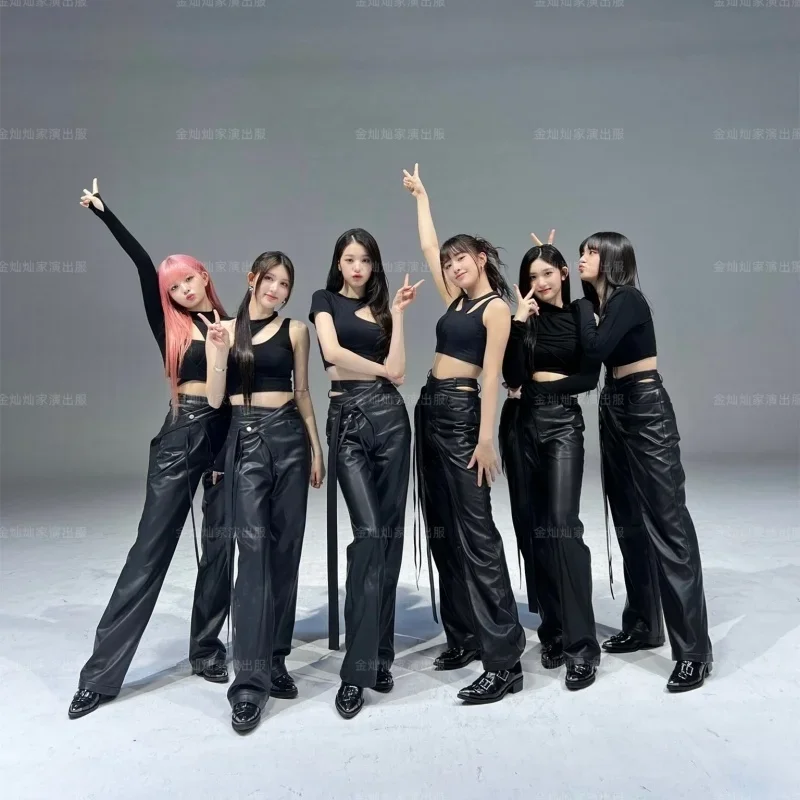 

Kpop Girl Group Street Dance Slim T-shirts Crop Tops Leather Pants Stage Costume Women Festival Rave Wear Sexy Concert Outfits