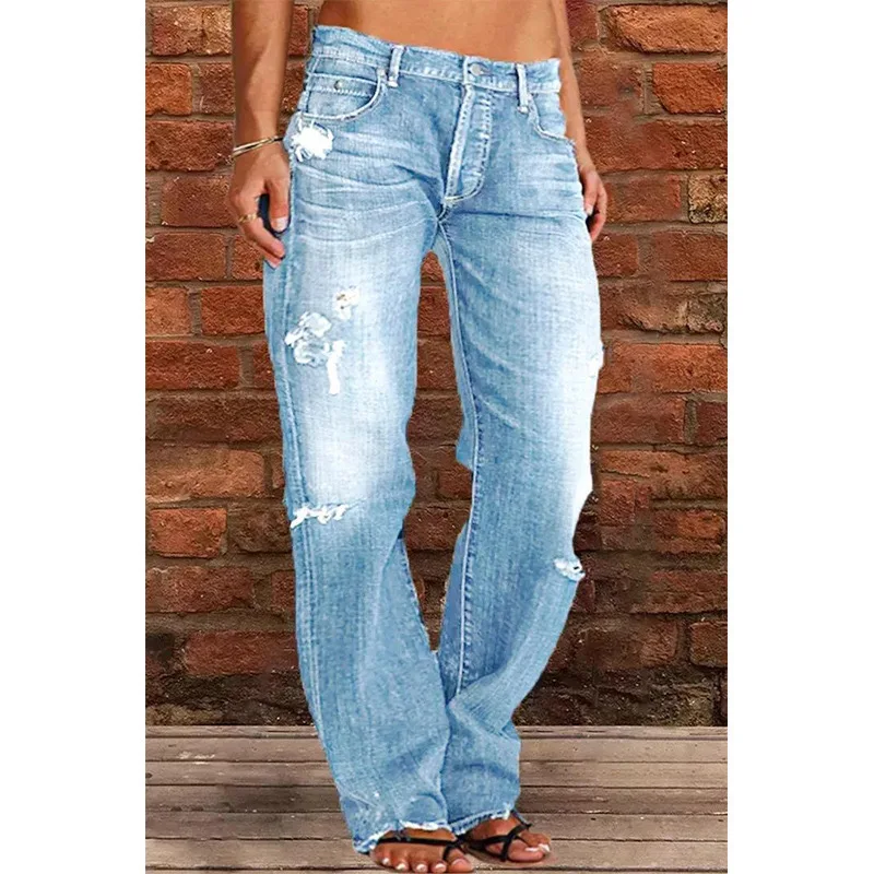 

2025 Women's Jeans Slim Fit and Slimming Straight Leg Washed Distressed Jeans for Women