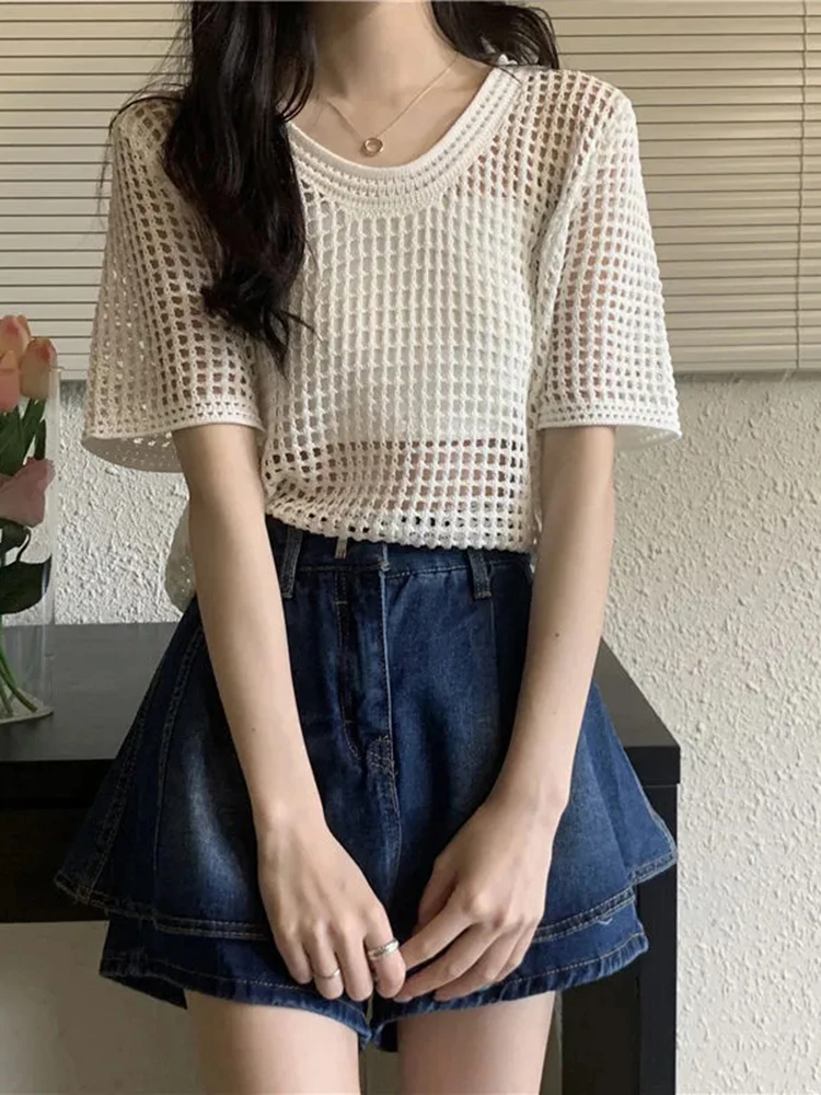 Knitt Hollow Out Chic Cropped T-shirts Elegant Short Sleeve Summer Camisetas Loose Korean Casual Knitwear Tees Female Tops New