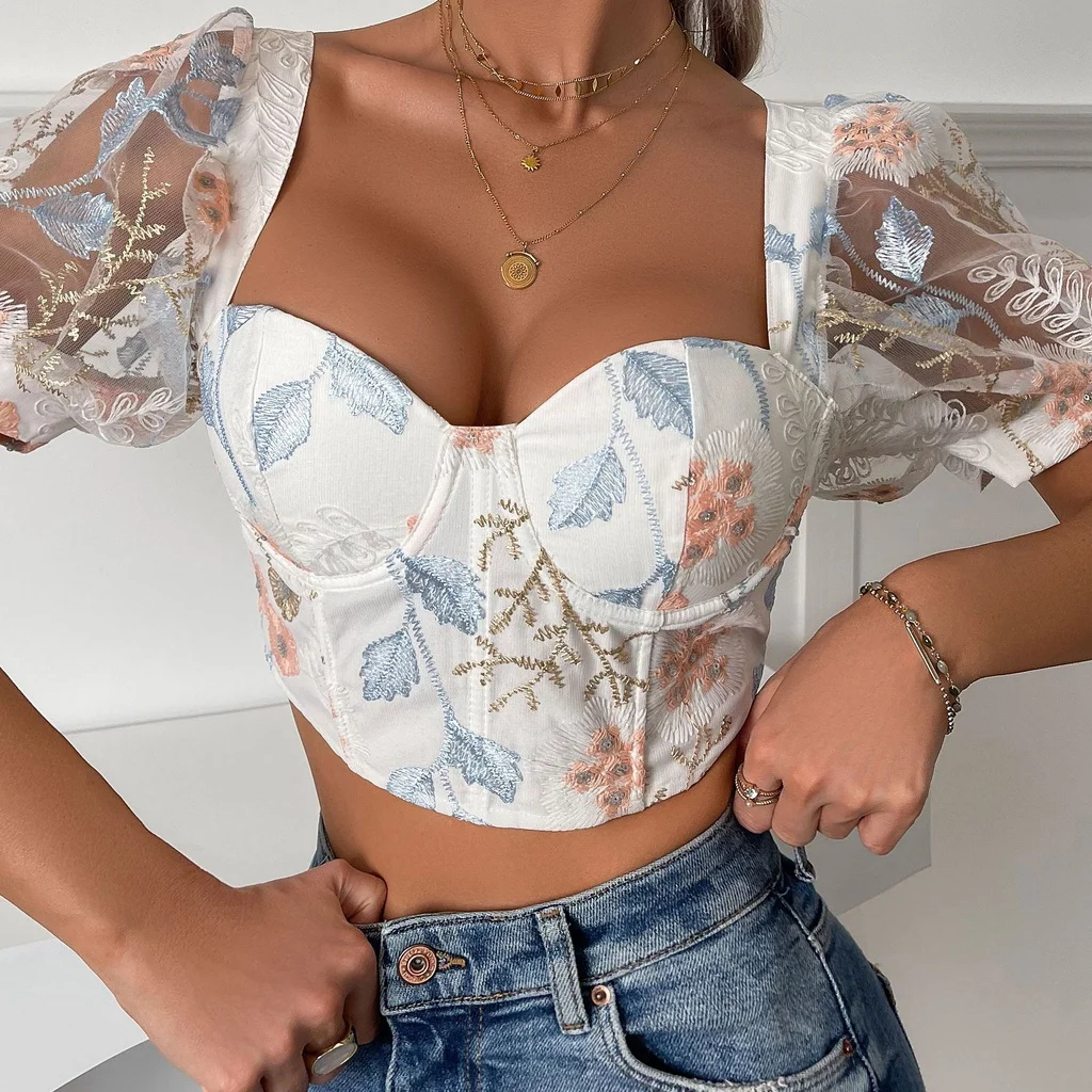 Sexy Summer Shaper Women\'s Corset Top Crop Blusa  Lingerie Frence Korean Embroidery Floral Lace Blouses Vintage Puff Sleeves Top