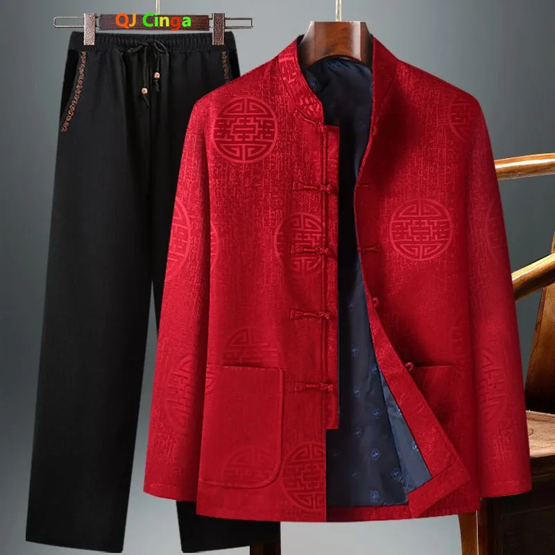 Chinese-style Men's Two-piece Set: Red Jacquard Jacket Paired with Black Embroidered Pants (available in A Thicker Version)