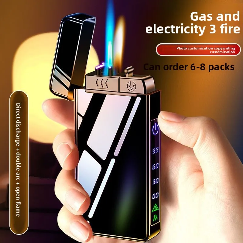 New Triple Flame Electric Pulse Plasma Double Arc Type-C Metal Lighter LED Screen Display Windproof Lighter Men's Gift