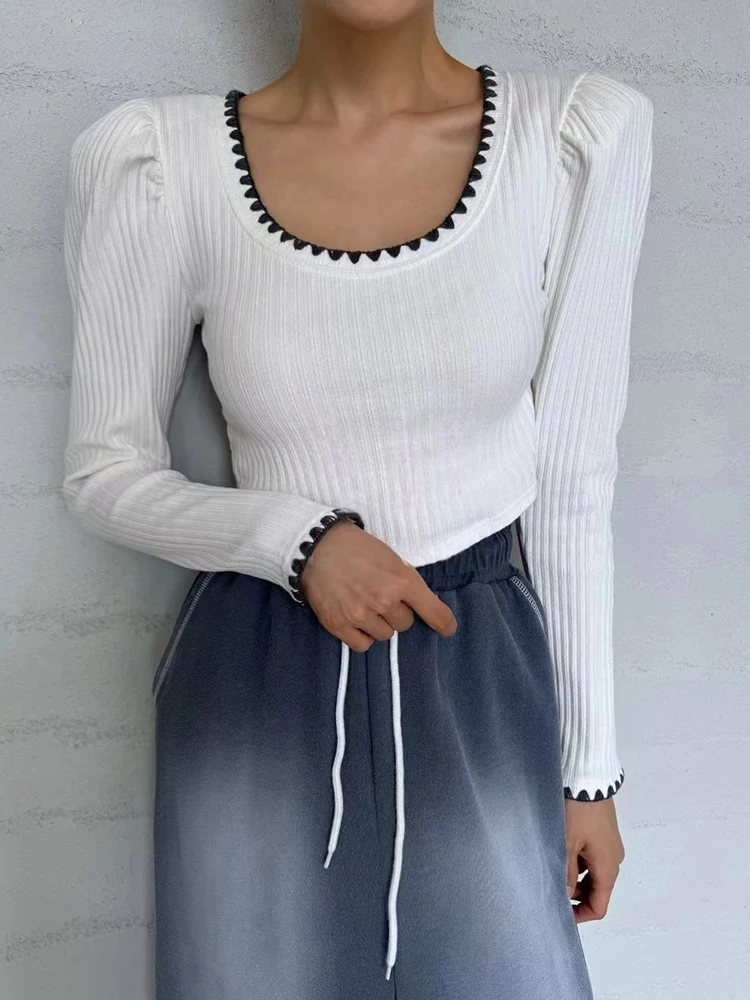 

Korejpaa Korean Fashion Women T Shirt Elegant French Style Round Neck Slimming Long Sleeve Top Gentle Simple Solid Casual Tee