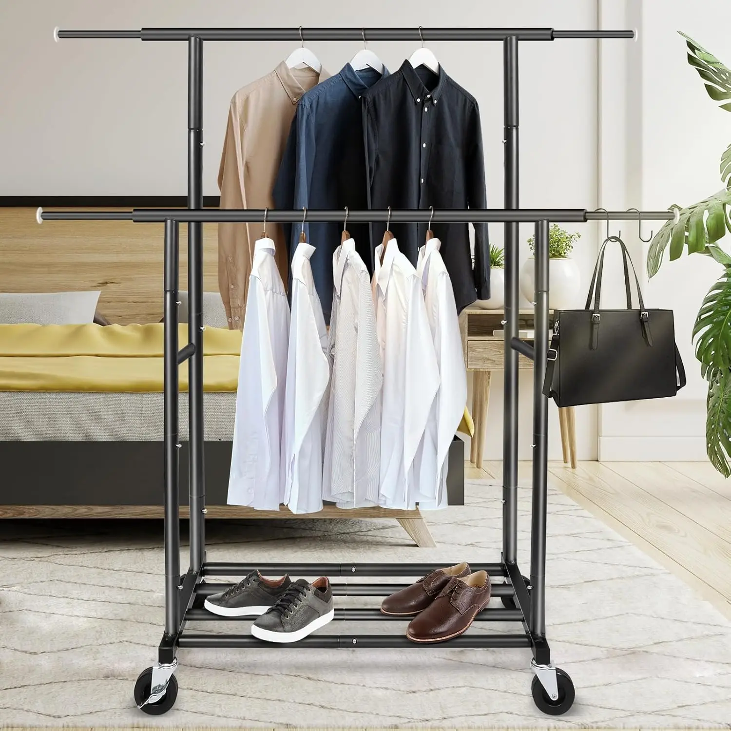 Double Rods Garment Rack with Rolling Clothes Organizer, 48