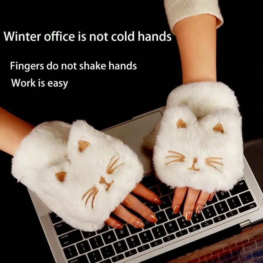 1 Pair Women Winter Electric Heated Gloves, Faux Rabbit Fur Gloves, Plush Warm Gloves, Hand Warmer,50°C Surround Heating, Battery Powered 2-3H Long Lasting, For Gaming Typing Office Work Skiing Cycling Daily Going Out,Christmas Gifts