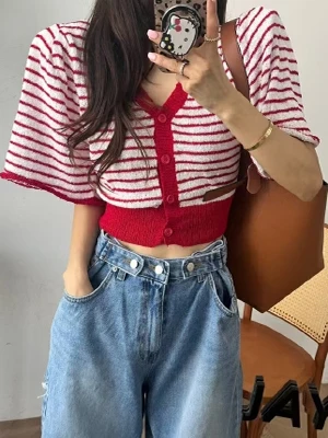 

Облегающий трикотаж в полоску V-Ne ort Sve Женский модный топ на пуговицах Bell Sve Высокая талия или длина Отверстие