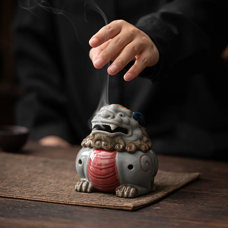 Colored Pottery Incense Burner Ancient Divine Lion‑Dragon Beast Ceramic Mud Zen Censer Tea Room Desktop Home Decor Ornament