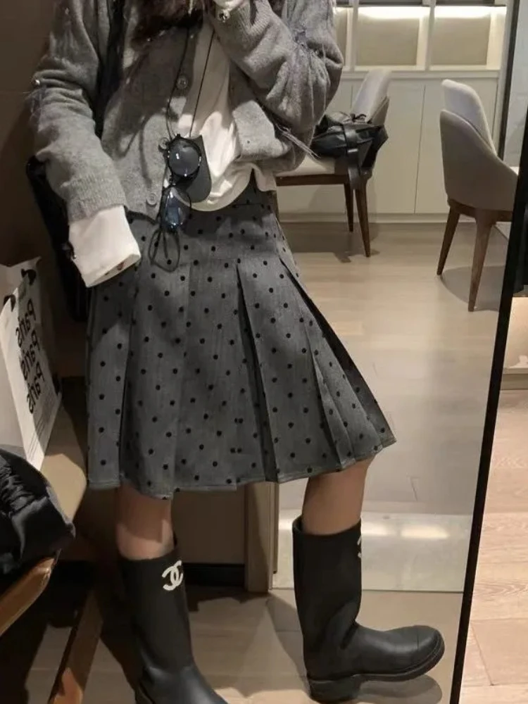 

Серая плиссированная мини-юбка в горошек для женщин, новинка 2023 года, милые юбки-миди трапециевидной формы с высокой талией, универсальные шикарные Faldas в консервативном стиле