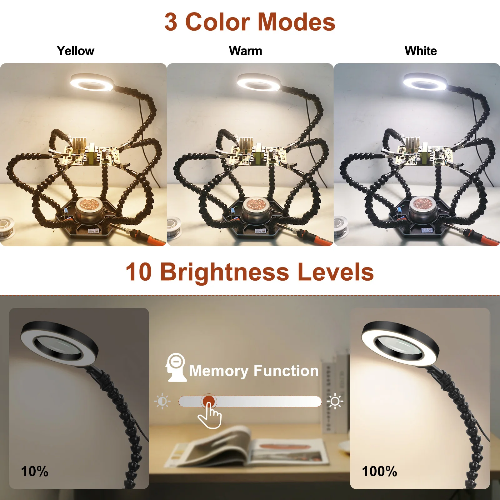 NEWACALOX Helping Hand Soldering Tercera mano con 6 brazos flexibles Lupa LED 3X para soldar, ensamblar y reparar