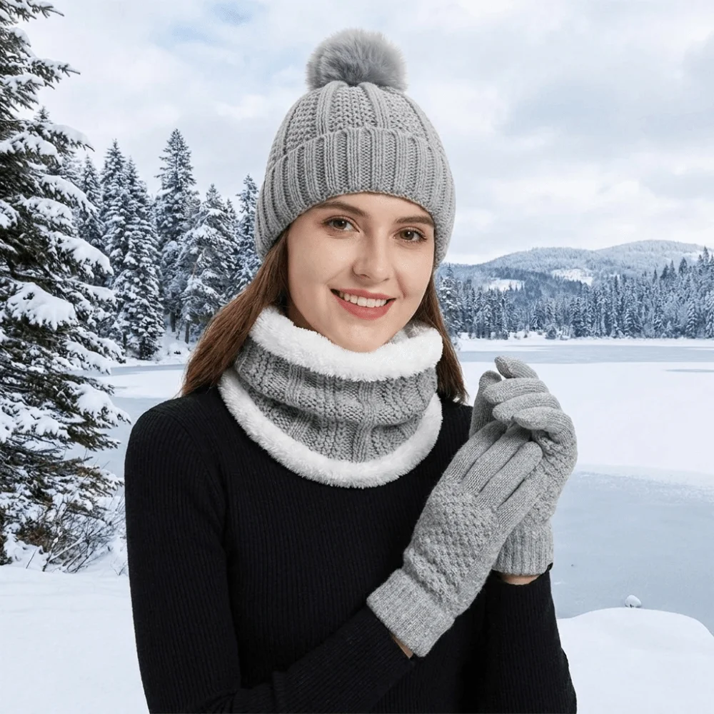3pcs Fashion Solid Color Hat Scarf Gloves Set Thickened Cute Pompom Knitted Hat with Velvet Keep Warm Beanie Hat Kids