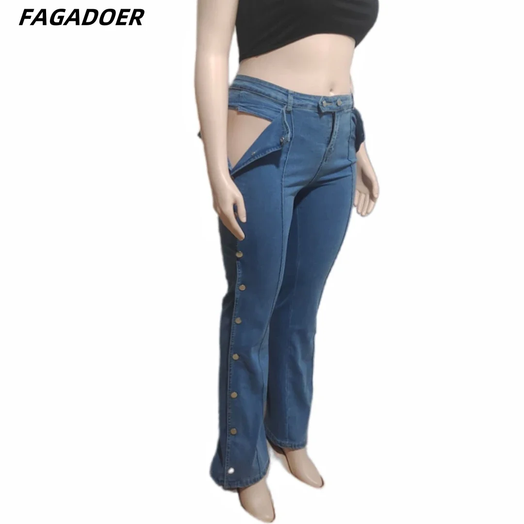 FAGADOER Fashion Hollow Out Denim Pants Women Double Side Buttons High Waist Wide Leg Jeans Pants Hot Girl Streetwear Bottoms